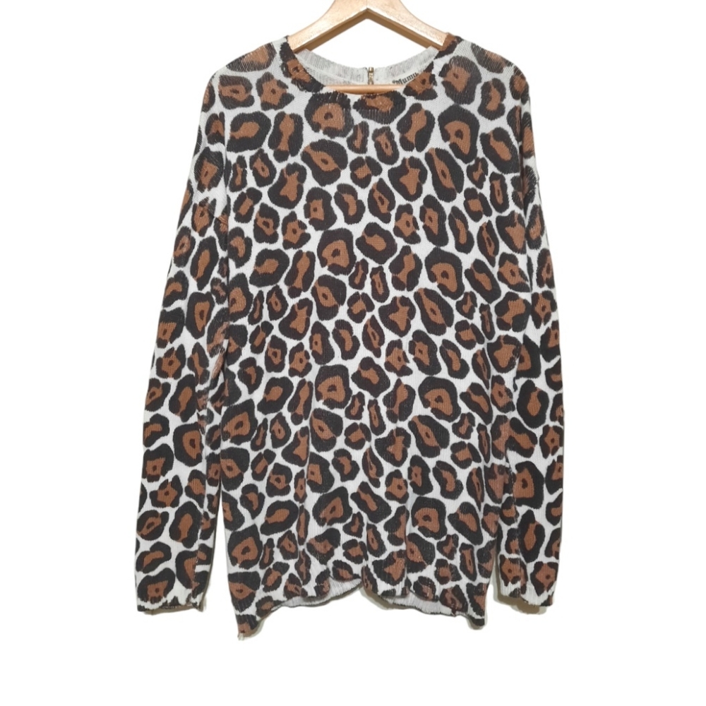 SMYMuMu Back Zip Crewneck Sweater Cotton Cheetah Animal Print Oversize M 8 10 - Picture 4 of 10